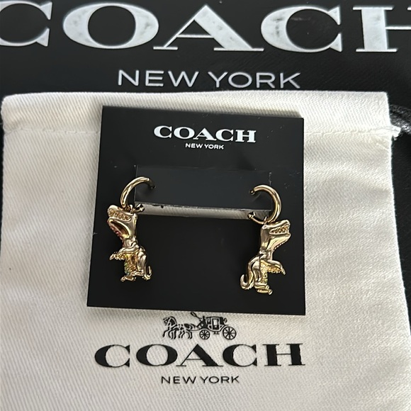 Coach Rexy Pavé Rexy Huggie Earrings Rainbow Crystal Gold Dangle Dinosaur Hoops - Picture 5 of 7